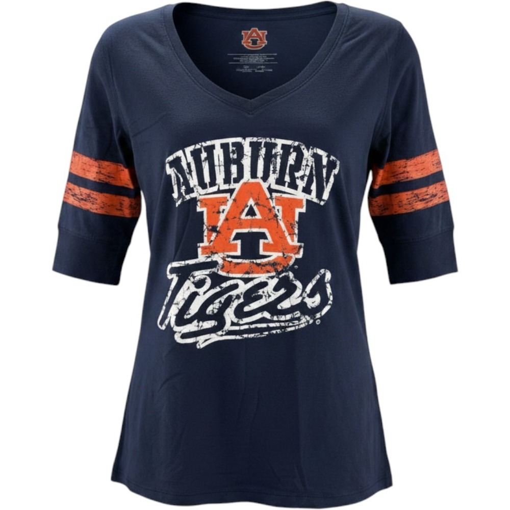 CG University Auburn Tigers Blue Logo V Neck Raglan Tee Shirt Womens Small NEW
